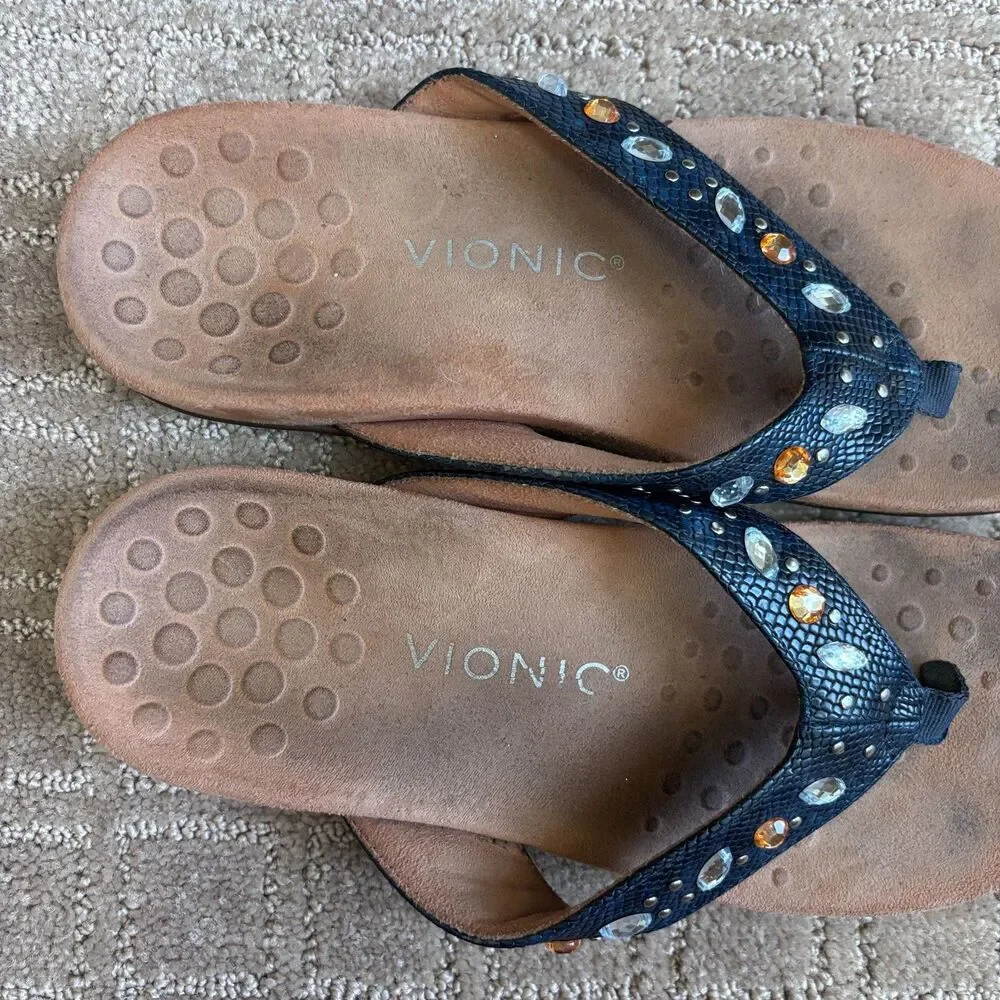 Vionic Lucia Flip Flop Sandal Women's 6.5 Navy Jewel Thong Comfort Vacation